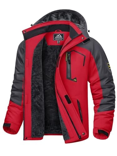Image of KEFITEVD Winter Fleece Rain Jackets for Men Soft Shell Jackets for Ski Snowboarding Multi Pockets Coats with Hood Red, XL