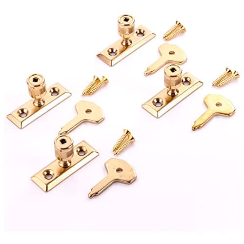 Image of Brass Plated Window Stays with Keys Locking Casement Window Stay Pin Wooden Frame Casement Lock Turn Latch Window Victorian Design Casement Window Fixture with Fixing Pack of 4.