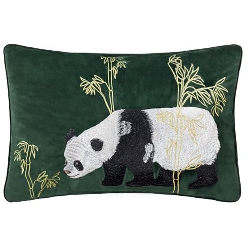 Image of Paoletti Chuan Tranquil Panda Velvet Polyester Filled Cushion - Emerald - 40x60cm