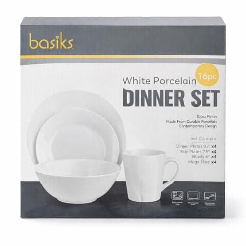 Image of White Porcelain Dinner Set 16 Piece | 4 Dinner Plates 9", 4 Side Plates 7.5", 4 Bowls 7", 4 Mugs 11oz | Dishwasher & Microwave Safe