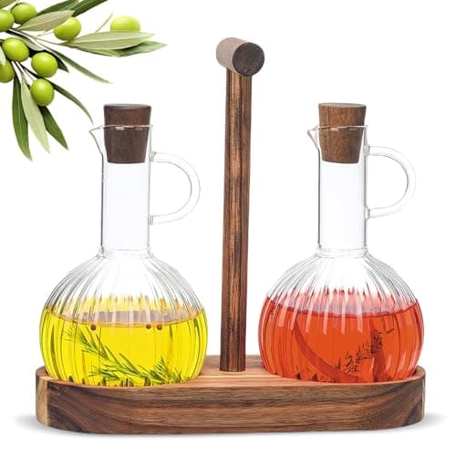 Image of HARLIANGXY Vinegar and Oil Bottle Set with Wooden Stands, 2 x 300 ml Drip-Proof Oil Dispensers, Olive Oil Bottle, Vinegar Dispenser, Glass Oil Can, Cooking Oil Container for Liquid Seasonings