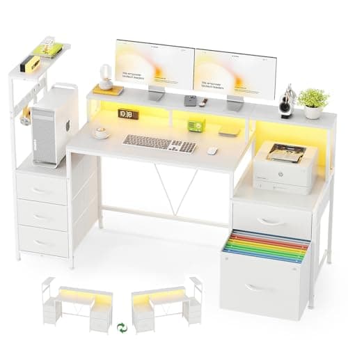 Image of MUTUN 160cm Computer Desk with Printer Stand and Storage Shelves, Reversible Home Office Desk with Fabric Drawers and Monitor Shelf, Writing Work Desk for Bedroom Living Room Study, White
