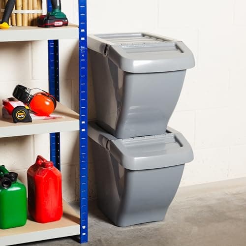 Image of Wham 50L Stackable Recycling Bins Pack of 3 – Hinged Lid Waste Sorting Bins, Space Saving Plastic Recycling Bin for Kitchen, Home, Office & Commercial Use, Grey