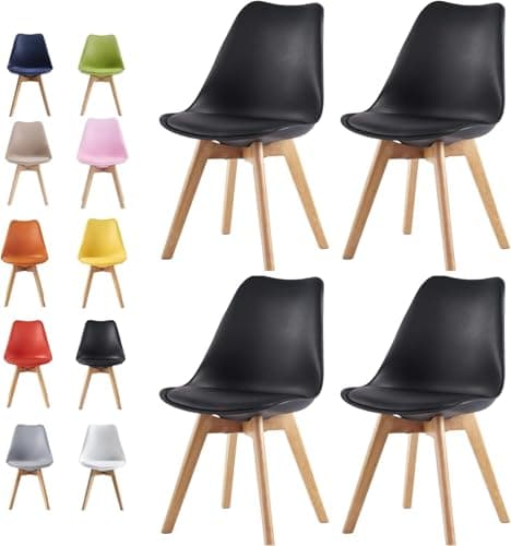 Image of mcc direct Set of 4 Dining Chairs Wooden Legs Soft Cushion Pad Stylish DELUXE Retro Lounge Dining Office (Black) - EVA