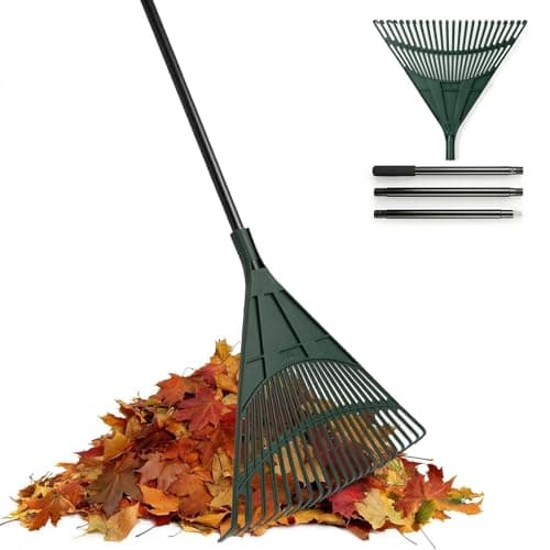 Image of fuuwuu Leaf Rake for Gardening 24 Tines Light Weight Poly Shrub Rake with Long Handle, Picking up Leaves and Pine Cones 160cm, Green