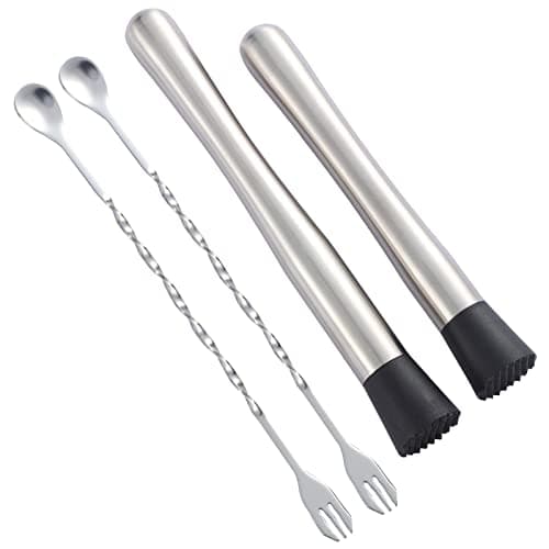 Image of 10 inch & 8 inch Stainless Steel Cocktail Muddler with 2 Mixing Spoon, Home Bar Tool Set, for Making & Creating Delicious Mojitos, & Other Fruit Based Drinks & Beverages in Various Containers