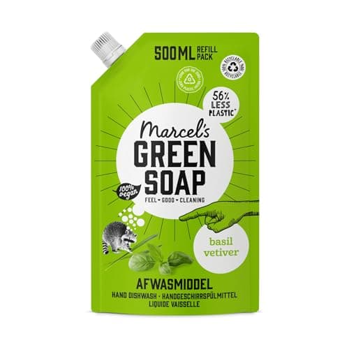 Image of Marcel's Green Soap Washing-up Liquid Refill - Basil & Vetiver - Dishwashing Liquid - Saves 56% of plastic - Eco friendly - Vegan - 97% Biodegradable - 500 ML