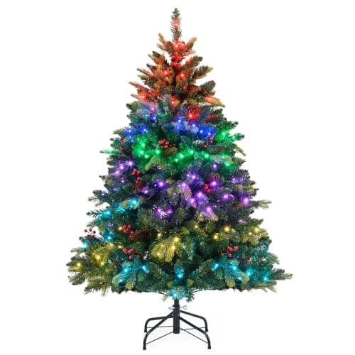 Image of COSTWAY 4.5FT/5FT Pre-Lit Artificial Christmas Tree, Hinged Xmas Tree with Branch Tips, LED lights, Pine Cones & Red Berries, Christmas Decor for Holiday Home Office (Colorful Lights, 150 cm)