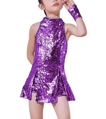 Image of LOLANTA Girls Sequins Jazz Dance Costume Child Sparkle Mini Dress Hip Hop Dance Clothes Set Top+Pants+Socks, Purple, 6-7 Years, 130