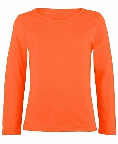 Image of LUXE FASHION Girls Boy Kids Plain Basic Long Sleeve Round Neck T-Shirt Stretch School Tee Top Kids Long Sleeve Round Neck T-Shirt Stretch Uniform PE School Tee Top 2-13 Years Neon Orange