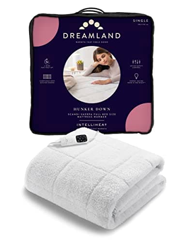 Image of Dreamland Hunker Down Electric Blanket, Single Size, Scandi Sherpa, Fast Heat Up, Premium Heated Electric Fitted Underblanket, 6 Heat Settings, Easy Fit Straps, Machine Washable, Timer, 190 x 90 cm