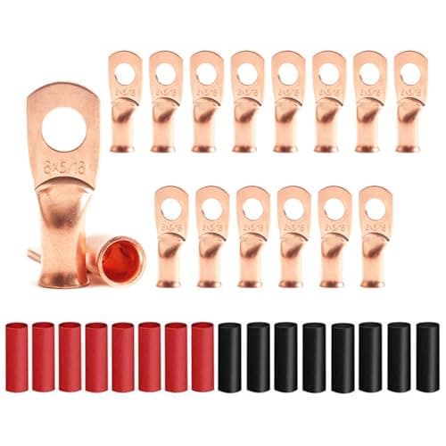 Image of 16Pcs Battery Cable Ends 6 AWG 5/16" Stud Copper Ring Terminals Wire Lugs with 16Pcs Heat Shrink Tubing 6 Gauge Battery Cable Lugs Heavy Duty Cable Lugs Bare Copper Eyelets Tubular Ring Terminal