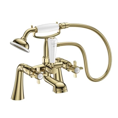Image of VeeBath Ripple Traditional Telephone Bath Shower Mixer Tap with Kit – Brushed Brass Finish, Dual Lever Control, G3/4" Inlet, Bath Sink Tap with Shower Attachment, Victorian Style Bathroom Tap