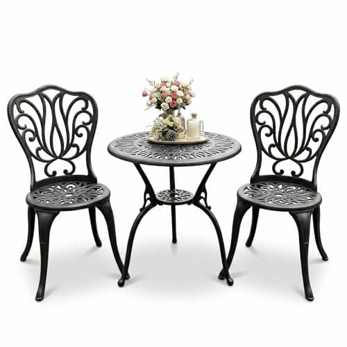 Image of Bistro Sets for 2 for Garden, Cast Aluminium 3 Piece Bistro Set, Weather-Resistant & Rustproof - Ideal for Balcony, Terrace or Courtyard (Black)