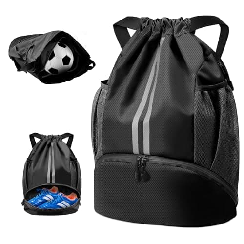 Image of BROTOU Unisex Drawstring Backpack, Waterproof Gym Bag, Large Oxford PE Pack, Students School Backpack, Durable Sports Ball Bag, with Shoe Bag (A, Black)
