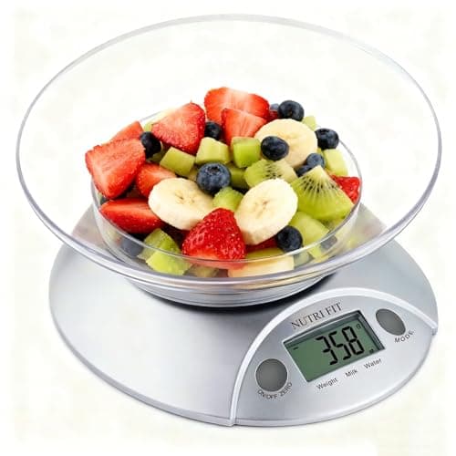 Image of NUTRI FIT Digital Kitchen Scales with Bowl Electronic Food Weight Scales 0.6L Bowl Liquids in ml and fl. Oz. Tare Function LCD Display Easy Storage, 5kg/11lb, 2xAAA Batteries(Included)-Silver