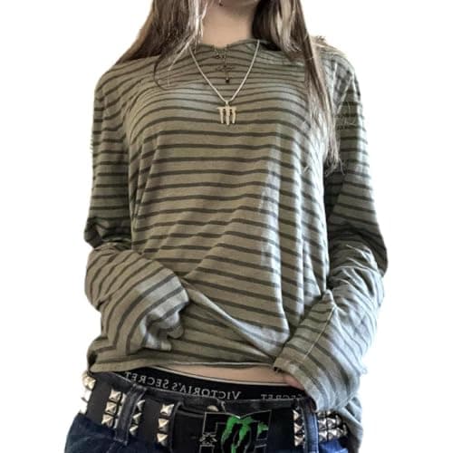 Image of Womens Y2k Striped Grunge Shirts Oversized Long Sleeve Sweatshirt 2000s Vintage Harajuku Teens Girls Tee Tops Streetwear (Green Pinstripes, M)