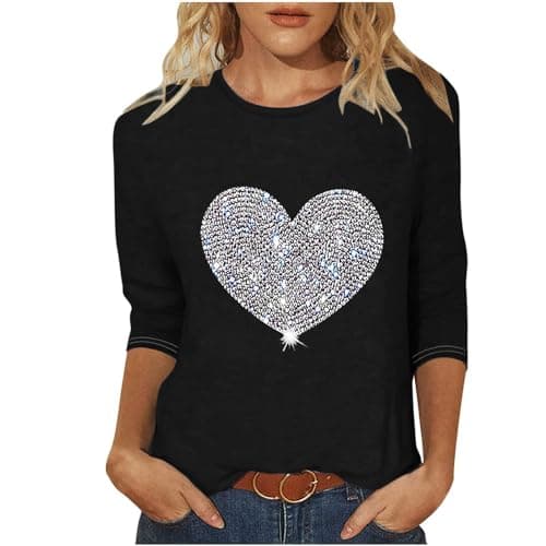 Image of AMhomely 3/4 Sleeve Tunic Tops for Women UK Love Heart Print Tops Plus Size Casual Tunic Crewneck Sparkling Love Graphic T Shirts Crewneck Loose Fit Pullovers Blouse Casual Office Black 5XL