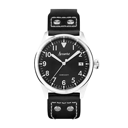 Image of Accurist Mens Aviation 41mm Quartz Watch in Black with Analogue Display, and Black Leather Strap 76004