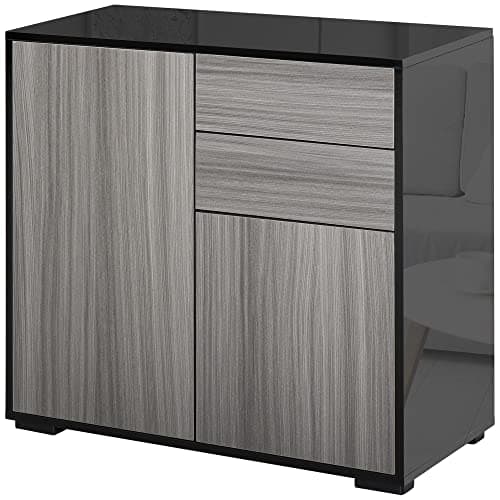 Image of HOMCOM High Gloss Frame Sideboard, Side Cabinet, Push-Open Design with 2 Doors for Living Room, Bedroom, Light Grey and Black
