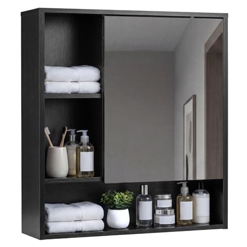 Image of Multigot Bathroom Mirror Cabinet, Wall Mounted Wooden Storage Cupboard with Door and 3 Open Shelves, Hanging Medicine Cabinet Living Room Display Organiser Unit for Living Room Hallway (Black)
