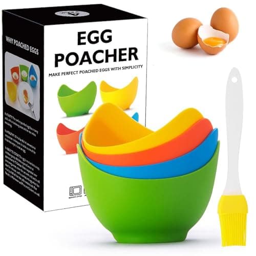 Image of 4 Pcs Silicone Egg Poacher Cups, Poached Egg Cooker with Ring Standers for Microwave or Stovetop Egg Cooker with Extra Oil Brush