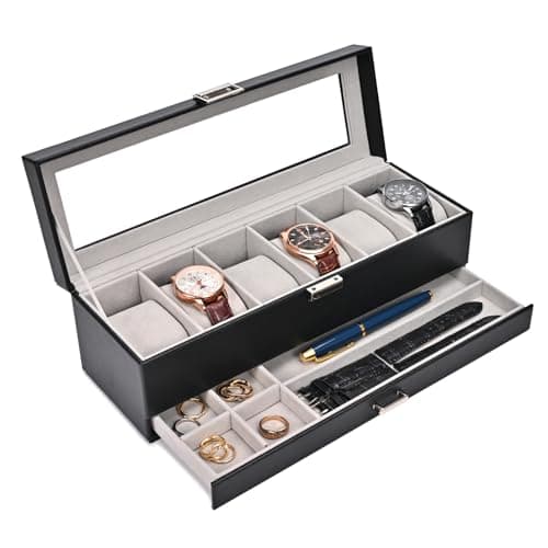 Image of ProCase Watch Box for Men, 6 Slot Watch Display Case with Drawer, Mens Watch Case With Glass Lid, 2-Layer Jewelry and Watch Storage Watch Holder Organizer for Men Women -6 Slot, Black