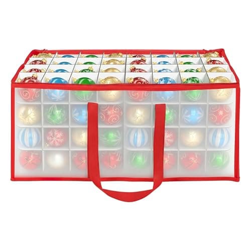 Image of Vinsani Red 128-Bauble Christmas Tree Decoration Storage Box – Foldable Ornament Organiser with Zip Closure & Side Handles – Secure & Dust-Free Xmas Décor Storage – 59 x 30.5 x 28 cm (Red)