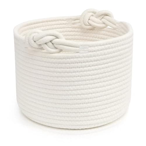 Image of Woven Rope Storage Basket, Baby Toy Basket with Handle, Cotton Laundry Basket Gift Basket Empty Suitable for Living Room, Bedroom, Bathroom (White, 24×18cm)