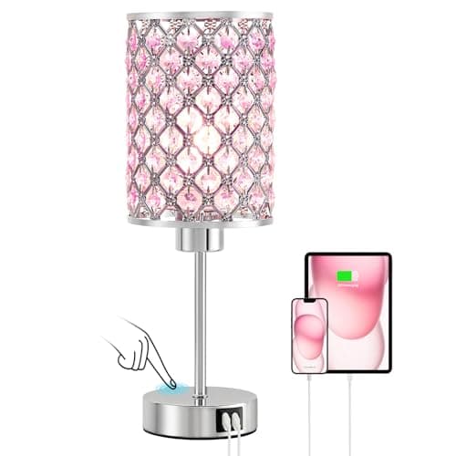 Image of GyroVu Crystal Table Lamp, Pink Lamp with USB C+A Ports, Touch Dimmable with Crystal Shade for Bedside Girl Bedroom Living Room(Bulb Included)