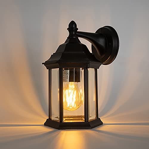 Image of LUTEC 6 Sided Black Outdoor Wall Lights Lantern Wall Light Waterproof Aluminium Retro Rustic Garden Decorative Lamp for Porch Balcony Patio and Garage.