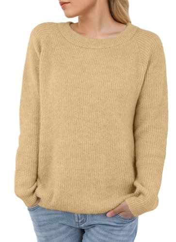 Image of PrinStory Womens Jumper Crew Neck Sweatshirts For Women Uk Long Sleeve Ladies Jumpers Causal Warm Knit Winter Sweaters Pullover (Light Apricot, XL)