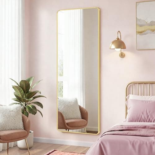 Image of SONGMICS Full Length Hanging Mirror, 120 x 40 cm, Rectangular Full Body Mirror, Over the Door or Wall Mounted Mirror, Tempered Glass, for Bedroom, Living Room, Cloakroom, Pale Gold LFM032AB01