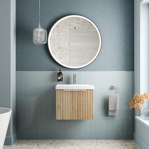 Image of BAYSTONE Fluted 500mm Bathroom Vanity Unit White Ceramic Basin Sink, Cloakroom Storage Furniture Cabinet Wall Hung Soft Close Drawer, Chrome Handle, Oak