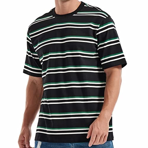 Image of KLIEGOU Men's Fashion Loose Fit Crewneck Stripe T-Shirt, 6206 Black, Large