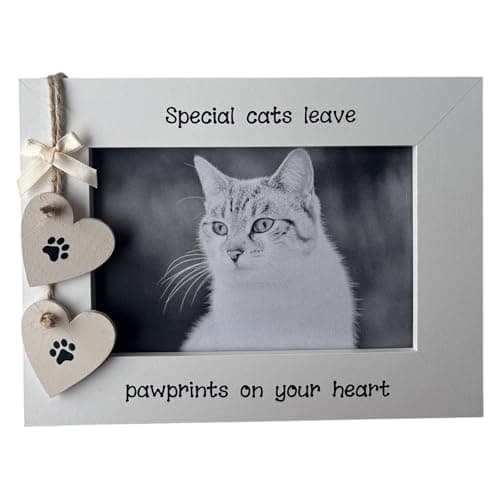 Image of Cat Pet Loss Memory Photo Frame, 6x4 inches, White, Wooden Cream Hanging Hearts with Pawprints