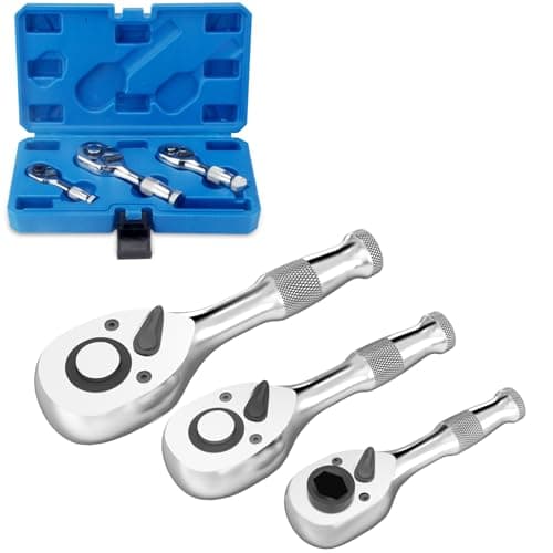 Image of BINGCOBBER Stubby Ratchet Handle Set 1/2" 3/8" 1/4" Square Drive 3-Piece 72-Tooth Mini Ratchet Wrenches with 1/4" Bit Driver
