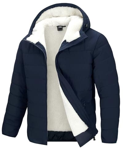 Image of 33,000ft Men's Waterproof Fleece Jackets Windproof Warm Puffer Winter Jacket Lightweight Quilted Jacket Outdoor Thermal Coats with Hood Dark Blue M