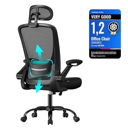 Image of SONGMICS Office Mesh Chair, Ergonomic Swivel Chair, Lumbar and Head Support, Wide Seat, Foldable Armrests, Tilt Function, for Office Bedroom, Ink Black OBN047B02