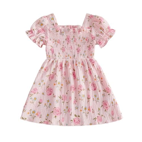 Image of Yigubigu Toddler Kid Girls Summer Floral Print Dress Puff Short Sleeve Square Neck Smocked A-line Dresses Baby Clothes 1-5 Years (Pink, 2-3 Years)