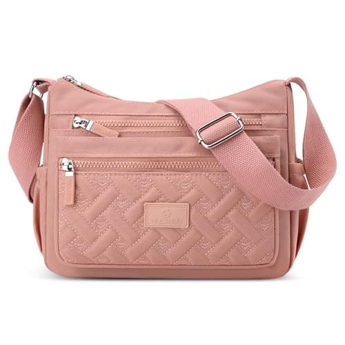 Image of FORRICA Women Shoulder Bag Multiple Pockets Crossbody Bag Lightweight Water-resistant Polyester Messenger Bag for Travel Commuting Pink