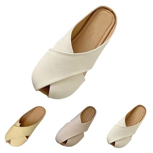 Image of Leather Mules for Women Ladies Wide Fit Size 6 UK Clearance Flat Closed Toe Sandals Backless Low Wedge Slip on Mule Shoes Loafer Beige Footwear Gifts