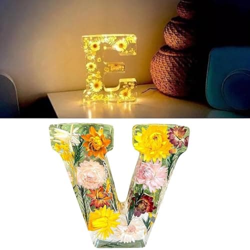Image of Floral Resin Night Light Letter - Pressed Flower LED Lamp, Personalized Creative Light Up Sign for Home, Party, Christmas, Wedding (V)