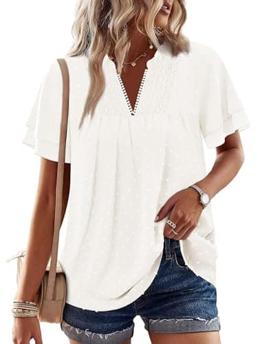 Image of KISSMODA Womens Tops Butterfly Sleeve V Neck Blouses Swiss Dot Ruffle Short Sleeve Shirts Basic Trendy Solid Color Clothes A White
