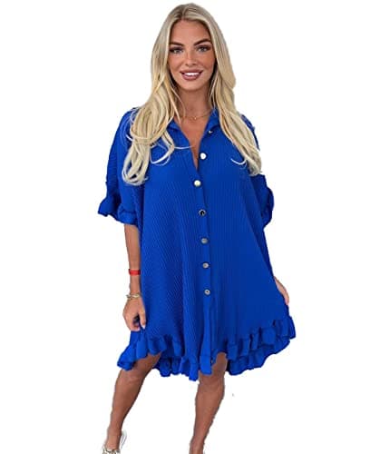 Image of eyes Women’s Gold Button Pleated Short Sleeve Plain Collared Frill Hem Ladies Casual Loose Fit Oversized Baggy Plus Size Swing Summer Dresses for Women Royal Blue One Size 8-22