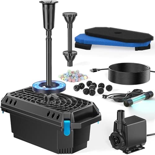 Image of POPOSOAP Pond Filter with U-V Clarifier, 2500 L/h Pond Pump and Filter Kit with RGB LED Lights, All-in-One Pond Fountain for Outdoor Ponds up to 6000 litres