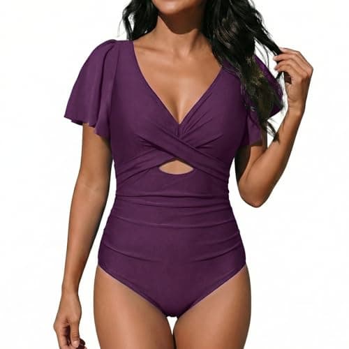 Image of SNUOEN Women Tummy Control Swimming Ruffle Sleeve Costume One Piece Push Up Swimsuits Cutout Monokini Swimwear Purple