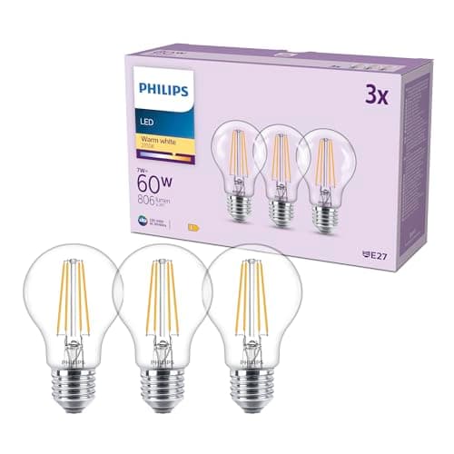 Image of Philips Classic A60 LED Bulb, 60 W, Clear, E27 Socket, Warm White 2700 K, 3 Pack