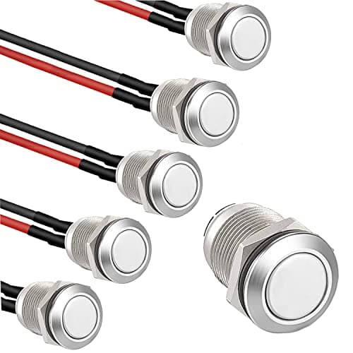 Image of RUNCCI-YUN 5 Pieces 12 mm Momentary Push Button Switch Waterproof Push Button Switch Round Momentary Switch with Pre wiring,DIY Stainless Steel Normally Open Metal Push Start Button (Flat Head)