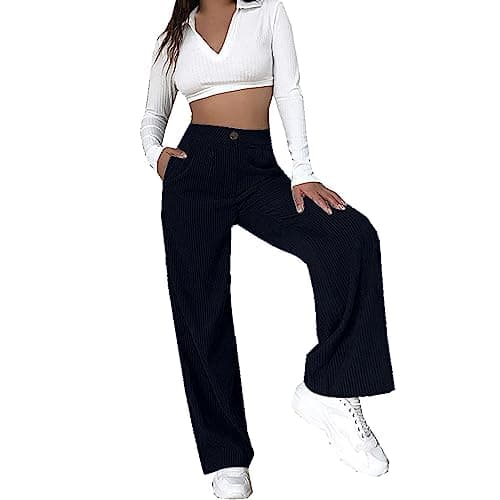 Image of Women's Corduroy Trousers Double Buttoned High Waisted Wide Leg Stretch Corduroy Pants Business Casual Loose Cord Work Pants Autumn Winter Vintage Palazzo Pants with Pockets (Xa-Black,XL)